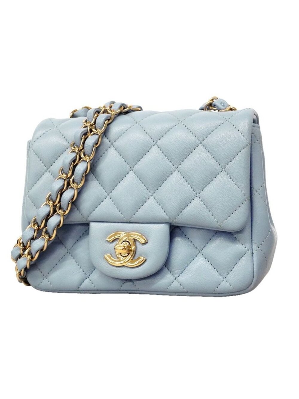 Chanel Shoulder Bag Mini Quilted Lambskin Light Blue Champagne Gold
